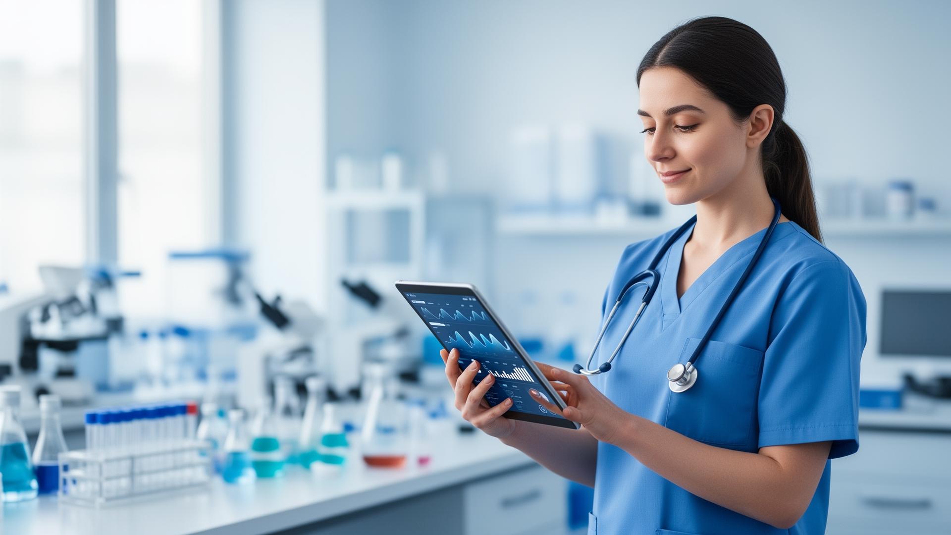 Clinician reviewing toxicology lab results on a tablet in a modern laboratory